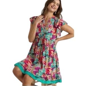 Umgee Colorful Floral V-Neck Dress Size Medium